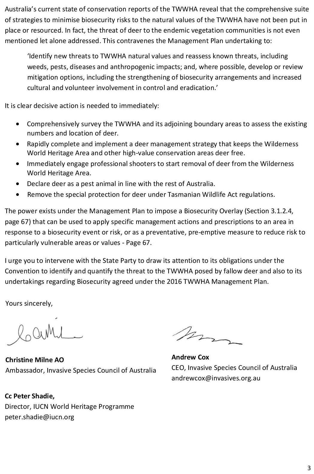 International Plea to Protect World Heritage Area from Feral Deer 14 International Plea to Protect World Heritage Area from Feral Deer 14