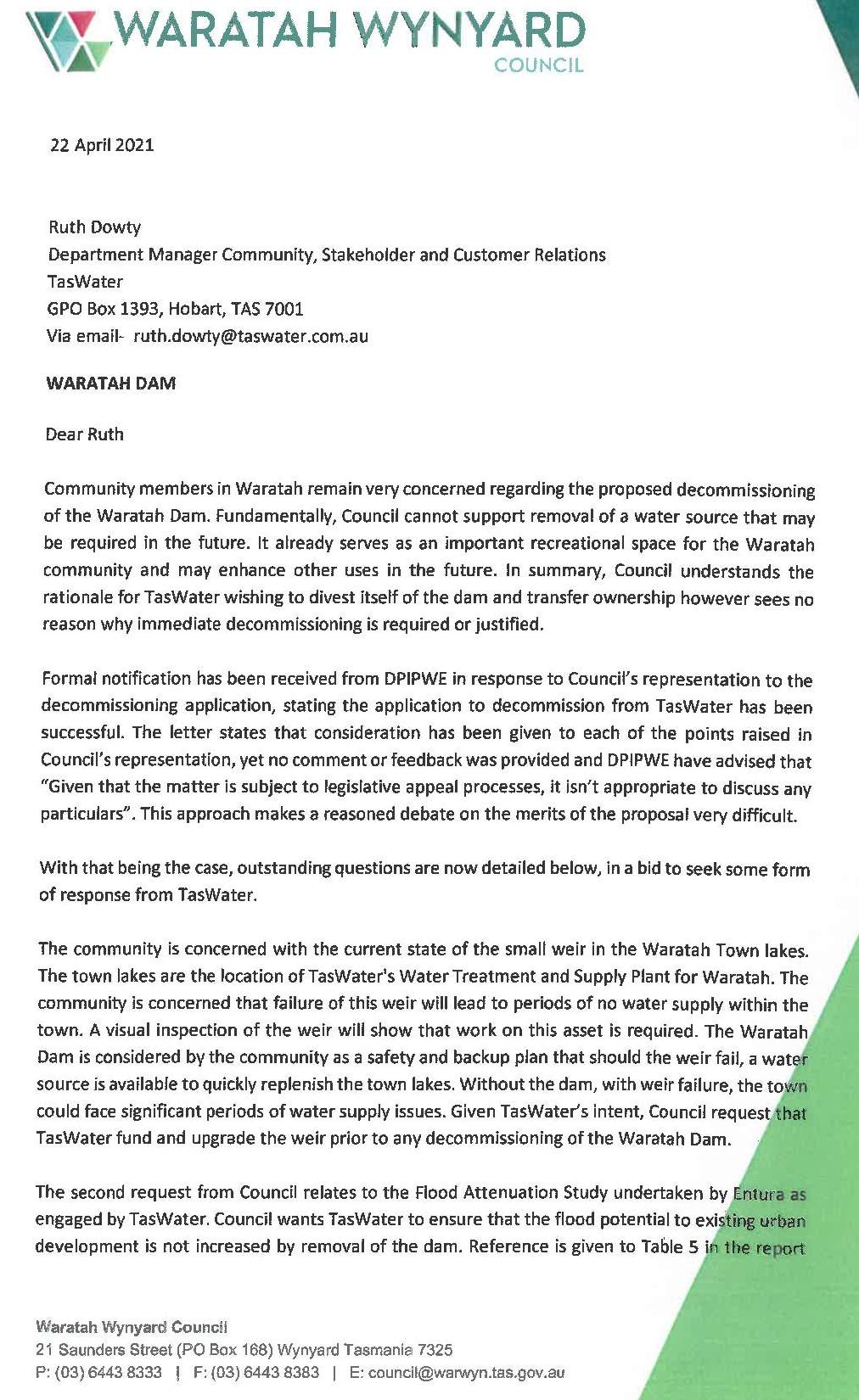 War-Wyn Council Seeks Answers from TasWater 6 War-Wyn Council Seeks Answers from TasWater 6