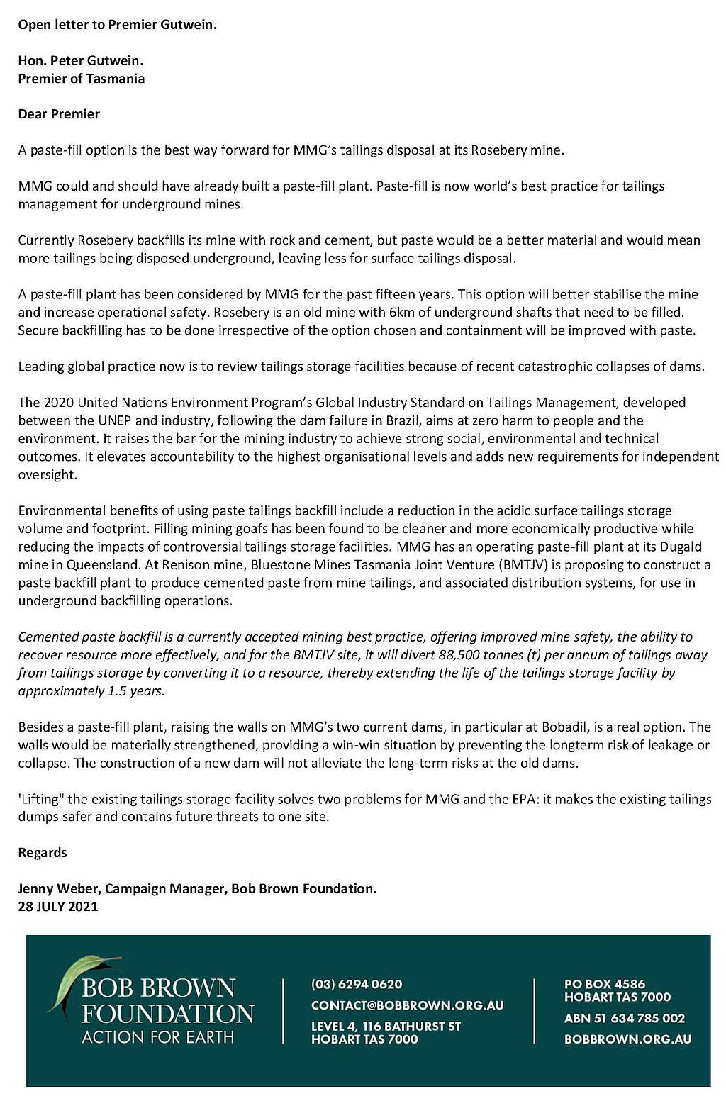Bob Brown Puts 'Best takayna Option' to Premier 4 Bob Brown Puts 'Best takayna Option' to Premier 4