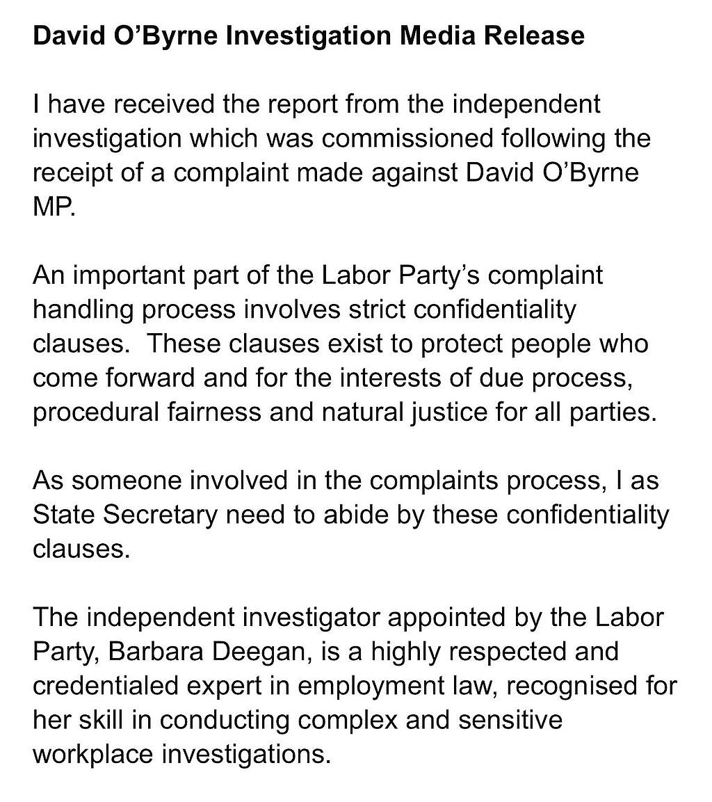 Labor Statements on David O'Byrne Investigation 6 Labor Statements on David O'Byrne Investigation 6