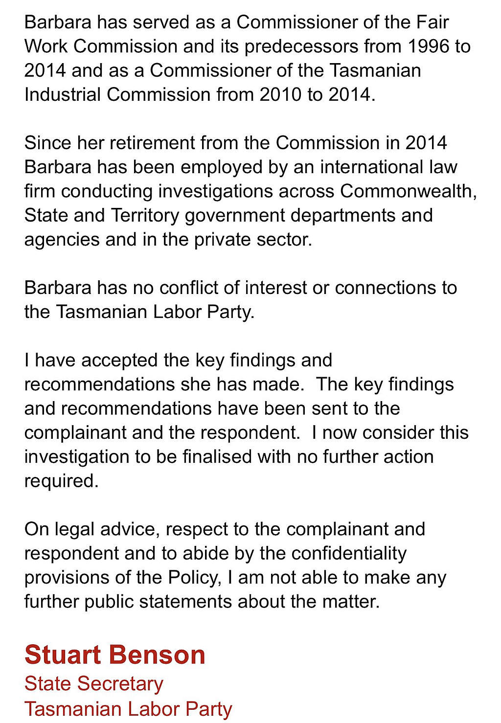 Labor Statements on David O'Byrne Investigation 7 Labor Statements on David O'Byrne Investigation 7